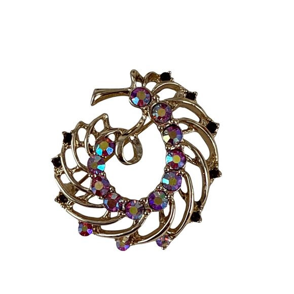 Vintage Gold Swirl Brooch AB Rhinestones Round Aurora Borealis Pin 1.75" - Picture 6 of 8